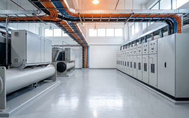 Data centre plant room with chillers, switchgear and overhead cable tray (AI-generated illustration)